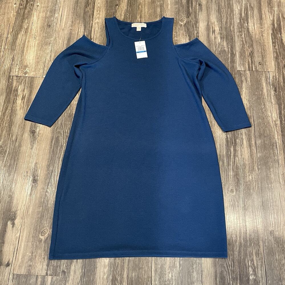 Michael Kors Womens XL Blue Cold Shoulder Shift Dress 3/4 Sleeve NWT Knee Length